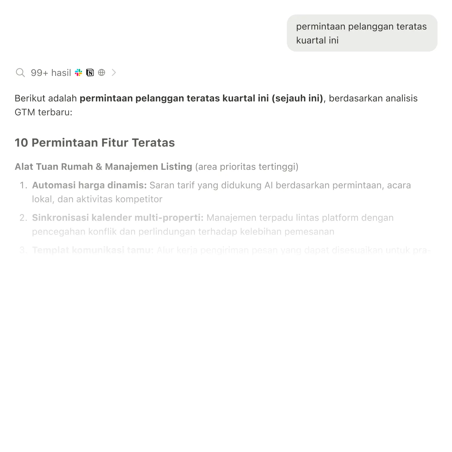 Hasil pencarian menampilkan informasi dari Slack, Google Drive, dan Jira