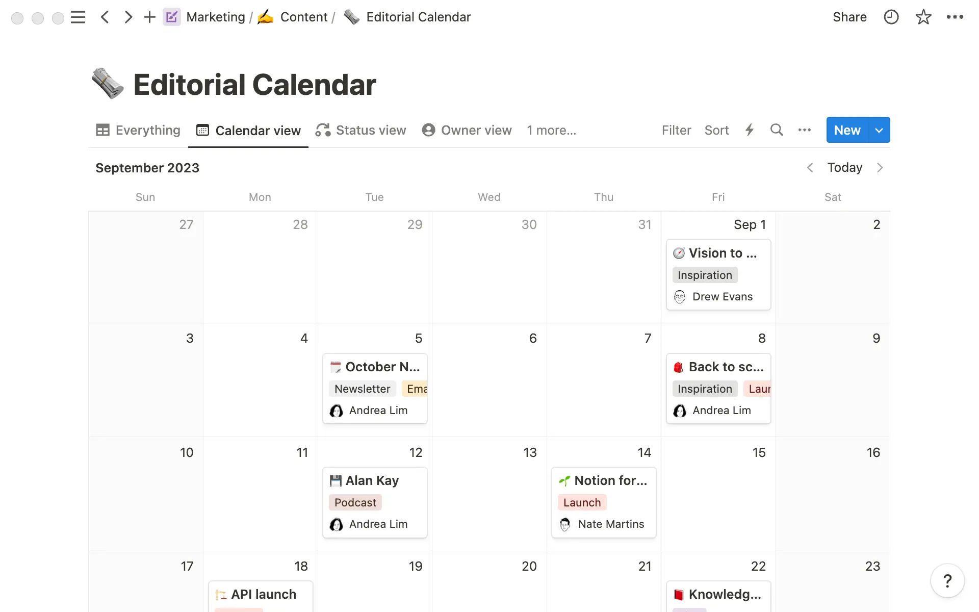 Nuestro calendario editorial muestra qué contenido se va a publicar y cuándo.