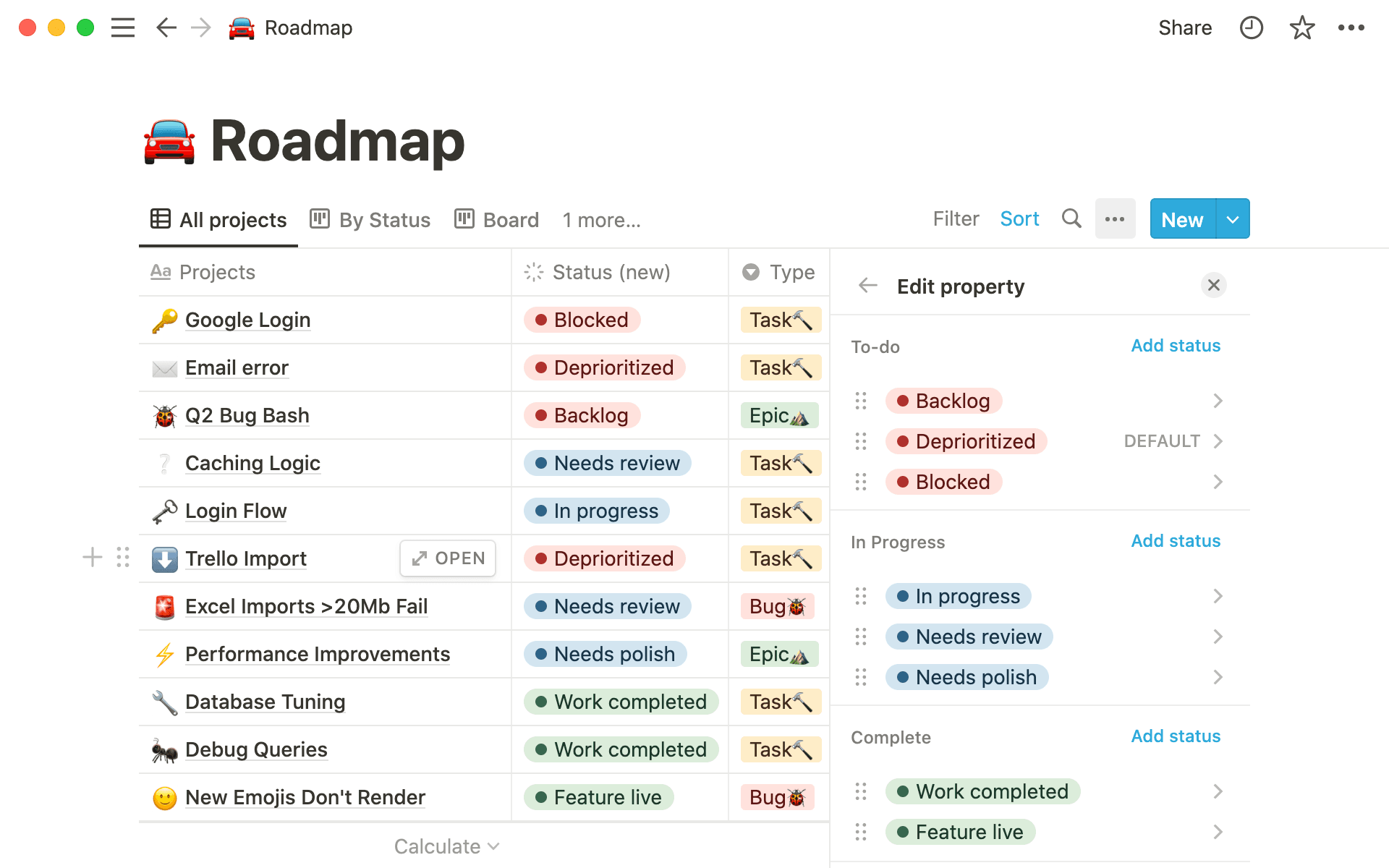 Com a propriedade de status, você mostra rapidamente o status de uma tarefa — e adiciona subcategorias customizadas.